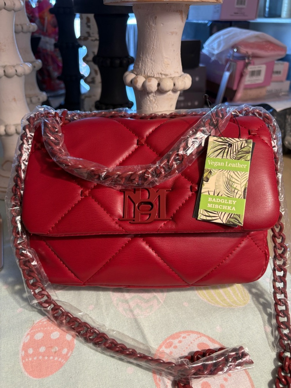 Badgley Mischka Quilted Red Vegan Leather Crossbody with Chain Strap